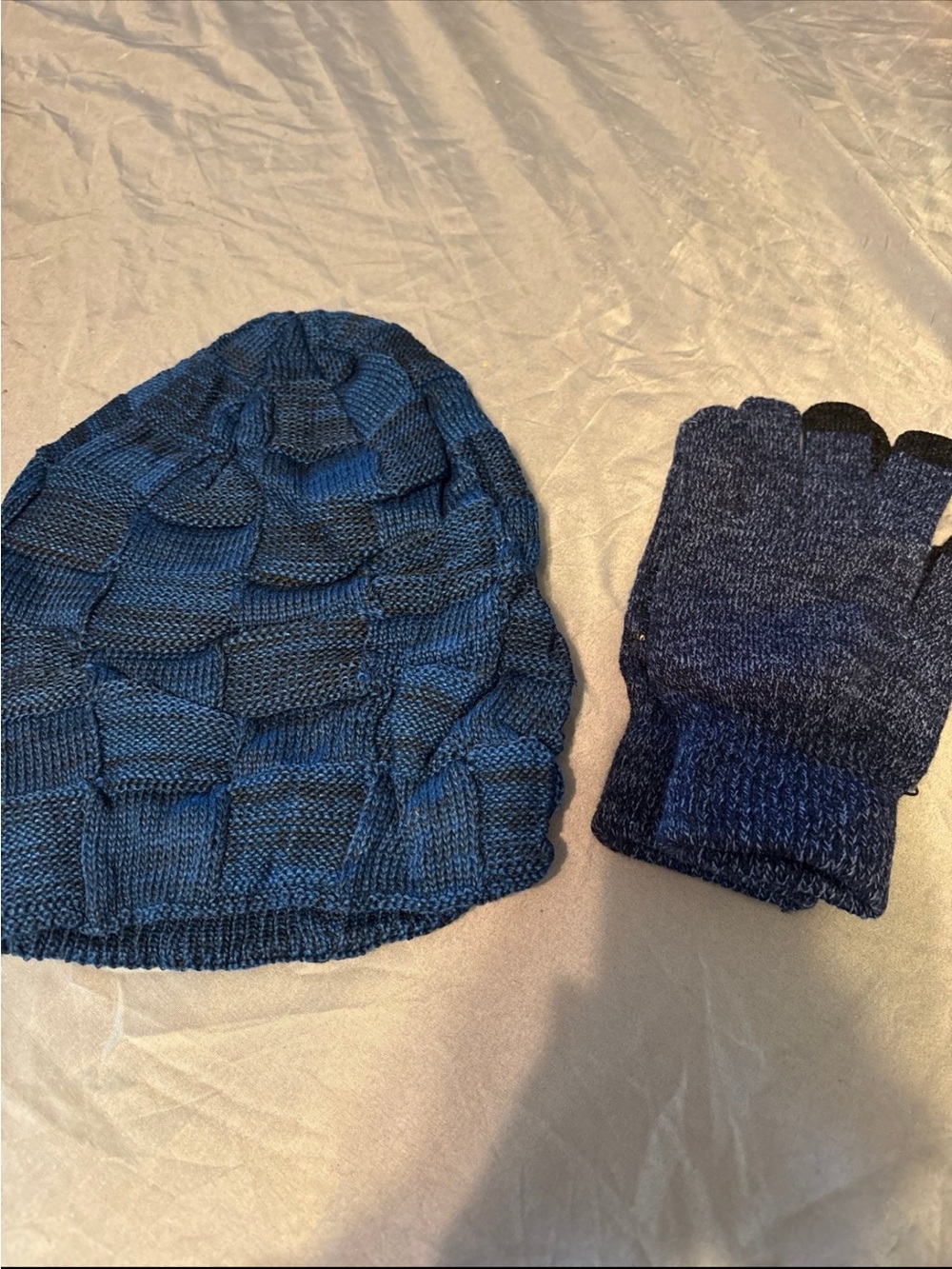 Women's Navy Knit Beanie and Fingerless Gloves Set
